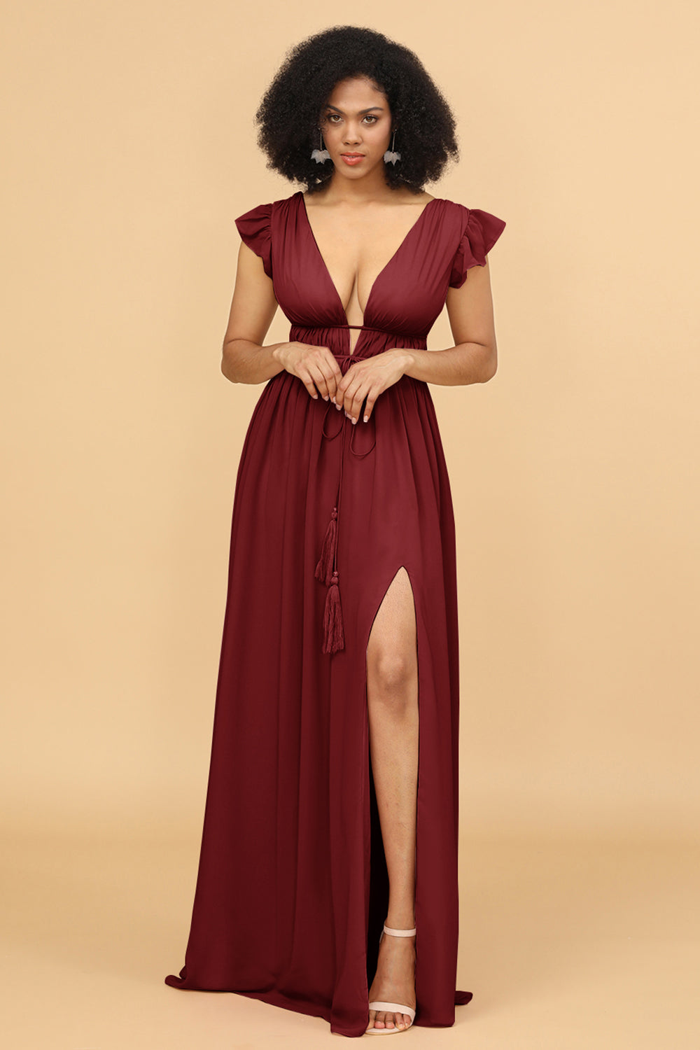 WEDTREND Women Bridesmaids Sexy A Line Deep V-Neck Long Chiffon Wedding Party Dresswith Slit, Rust