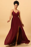 A-Line Spaghetti Straps Ruched Long Chiffon Bridesmaid Dress with Slit