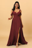 A Line V Neck Cold Shoulder Chiffon Bridesmaid Dress with Slit