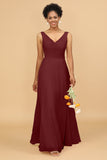 A Line V Neck Backless Chiffon Long Bridesmaid Dress