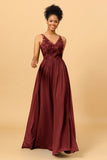 A Line V-Neck Long Chiffon Bridesmaid Dress with Lace