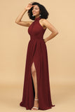 A Line Halter Ruched Floor Length Chiffon Bridesmaid Dress with Slit