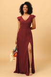 A Line V Neck Strapless Long Chiffon Bridesmaid Dress With Slit