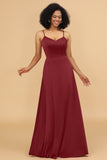 A Line Spaghetti Straps Floor Length Satin Bridesmaid Dress