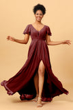 A-Line V Neck Ruched Long Chiffon Bridesmaid Dress with Slit