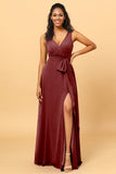 A Line V Neck Sleeveless Long Chiffon Bridesmaid Dress with Slit