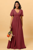 A Line V Neck Short Sleeves Chiffon Long Bridesmaid Dress