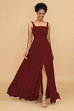 Sheath Square Neck Floor Length Chiffon Bridesmaid Dress