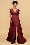 A Line V-Neck Floor Length Chiffon Bridesmaid Dress with Slit