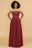 A Line Strapless Satin Floor Length Bridesmaid Dress with Pockets