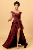 A Line Off the Shoulder Ruched Long Chiffon Bridesmaid Dress with Slit