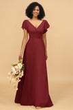 V-Neck Cape Long Floor Length Chiffon Bridesmaid Dress