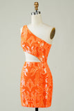 Orange One Shoulder Glitter Homecoming Dress with Hollow-out