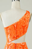 Orange One Shoulder Glitter Homecoming Dress with Hollow-out