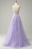 Purple A Line Strapless Lace Up Back Long Prom Dress with Appliques