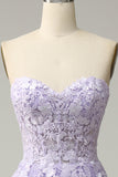 Purple A Line Strapless Lace Up Back Long Prom Dress with Appliques