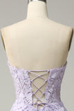 Purple A Line Strapless Lace Up Back Long Prom Dress with Appliques