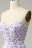 Purple A Line Strapless Lace Up Back Long Prom Dress with Appliques