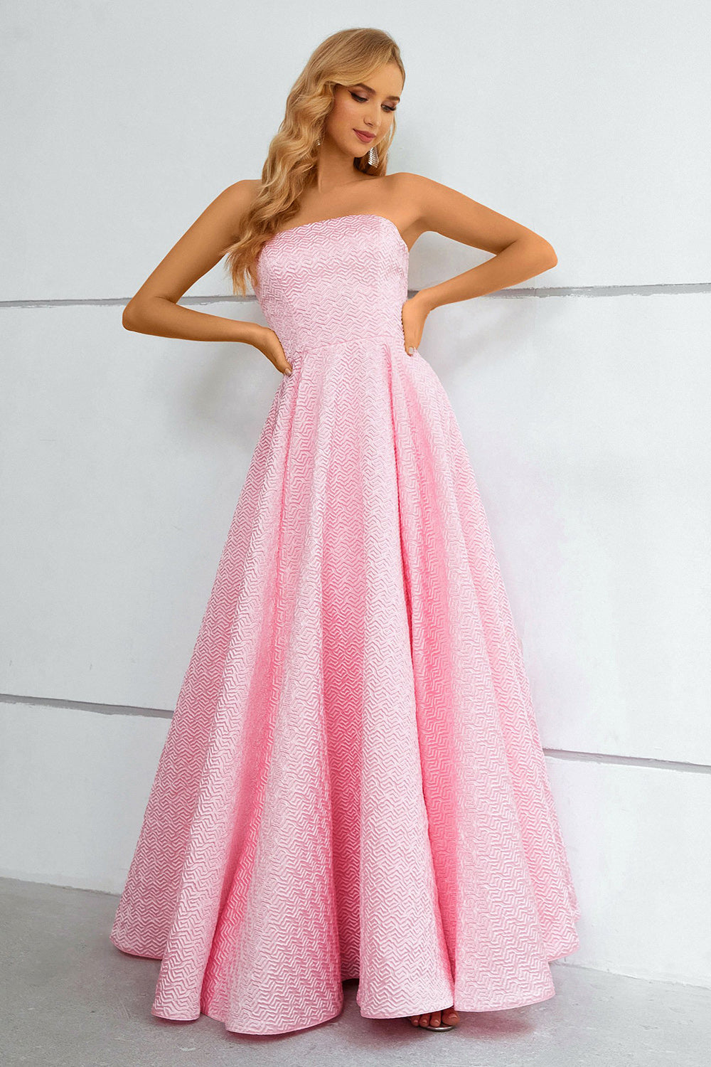 Pink A-Line Strapless Lace Up Floor Length Prom Dress