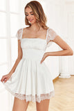 White A Line Square Neck Short Graduation Dress with Lace