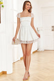 White A Line Square Neck Short Graduation Dress with Lace