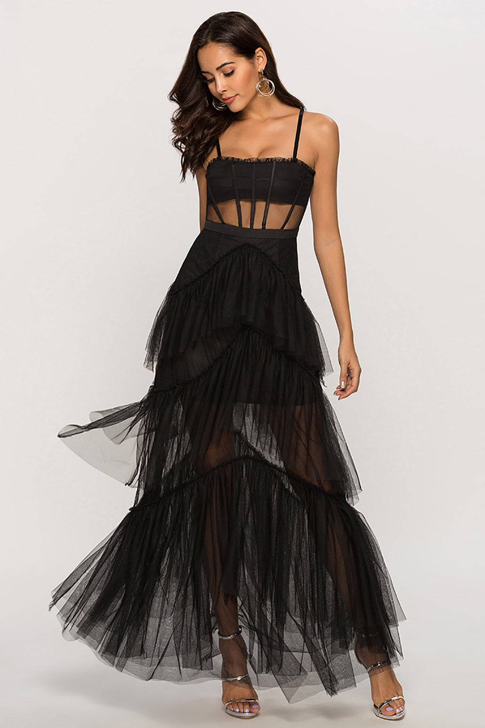 Black Corset Asymmetrical Tulle Long Wedding Guest Dress