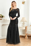 Black Mermaid Boat Neck Sequins Mother of the Bride Dress with Long Sleeves