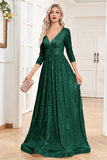 A-Line Glitter Long Mother of the Bride Dress with 3/4 Sleeves