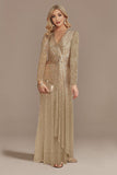 Glitter Navy V-Neck Mother of the Bride Dress with Long Sleeves