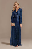 Glitter Navy V-Neck Mother of the Bride Dress with Long Sleeves