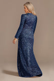 Glitter Navy V-Neck Mother of the Bride Dress with Long Sleeves
