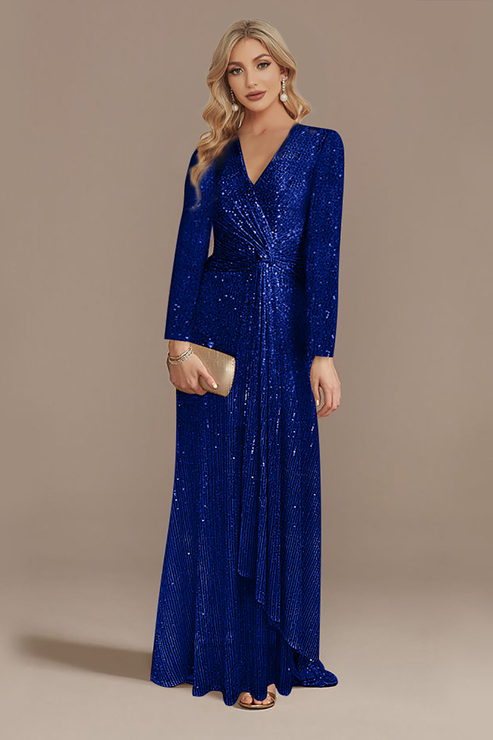 Glitter Navy V-Neck Mother of the Bride Dress with Long Sleeves