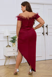 Burgundy Bodycon Off the Shoulder Pleated Feather Formal Dress