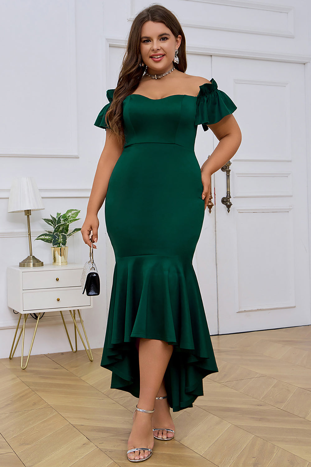 Wedtrend Women Dark Green Party Dress Off the Shoulder Ruffles Short Sleeves Mermaid Plus Size Evening Dress WEDTREND Wedtrend Women Dark Green Party Dress Off the Shoulder Ruffles Short Sleeves Mermaid Plus Size Evening Dress WEDTREND