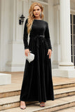 Black A Line Jewel Neck Velvet Floor Length Party Dress