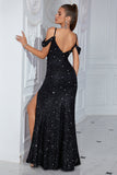 Black Sparkly Spaghetti Straps Off the Shoulder Prom Dress with Slit