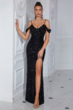 Black Sparkly Spaghetti Straps Off the Shoulder Prom Dress with Slit