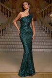 Green Sparkly Mermaid One Shoulder Sequin Long Prom Dress with Bowknot