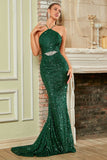 Sparkly Mermaid Dark Green Halter Prom Dress with Sequins