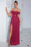 Sparkly Fuchsia Off The Shoulder Long Prom Dress with Slit