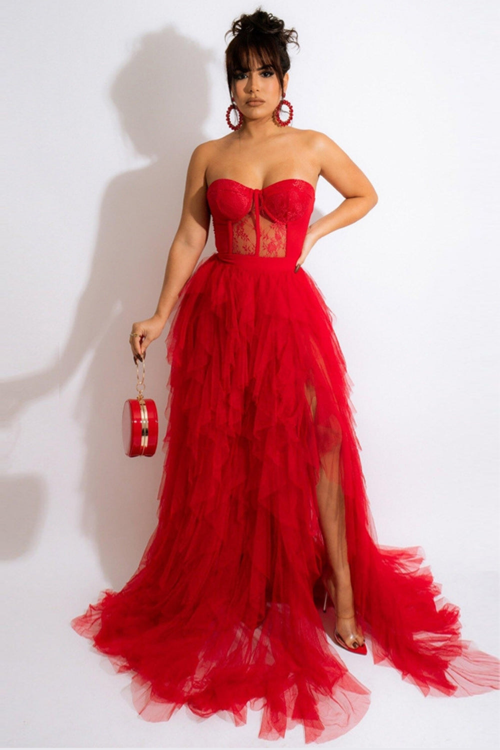 red tulle dress womens Matilda Red A-Line Strapless Ruffled Tulle Prom Dress Red / 18