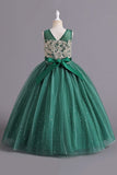 Champagne A Line Beaded Long Flower Girl Dress With Bowknot