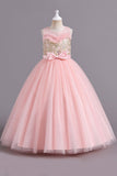 Champagne A Line Beaded Long Flower Girl Dress With Bowknot