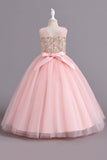 Champagne A Line Beaded Long Flower Girl Dress With Bowknot