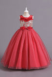 Champagne A Line Beaded Long Flower Girl Dress With Bowknot