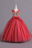 Champagne A Line Beaded Long Flower Girl Dress With Bowknot