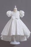 White A Line High Low Puff Sleeves Tulle Flower Girl Dress With Bowknot