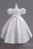 White A Line High Low Puff Sleeves Tulle Flower Girl Dress With Bowknot
