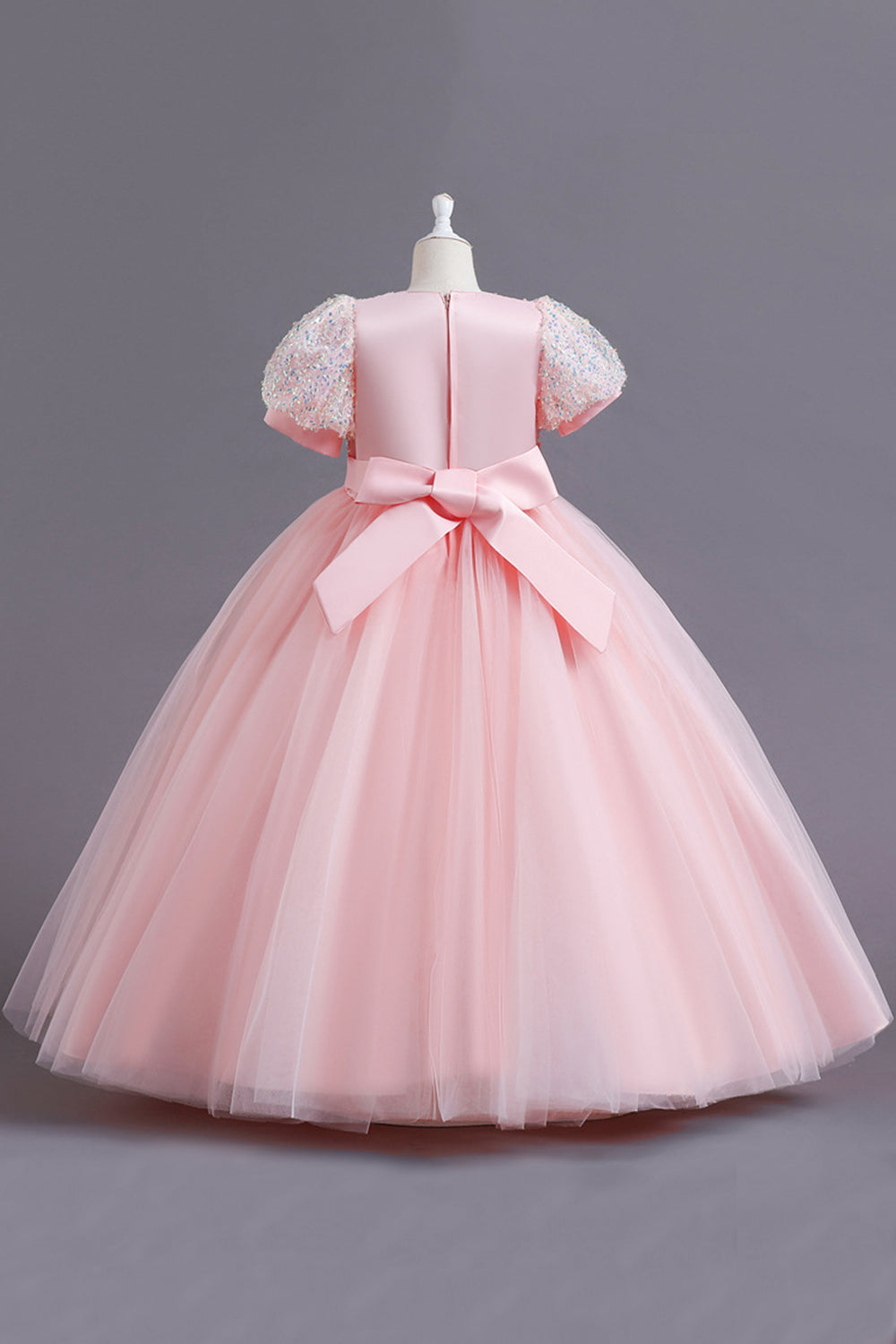 Pink A Line Sequin Short Sleeves Flower Girl Dress With Bowknot