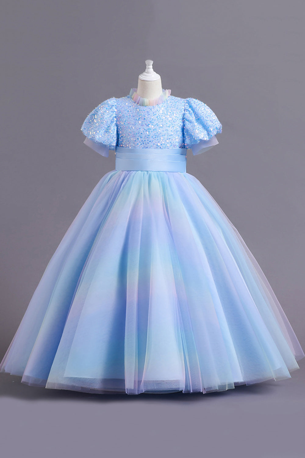 A Line Round Neck Puff Sleeves Blue Sequins Tulle Flower Girl Dress